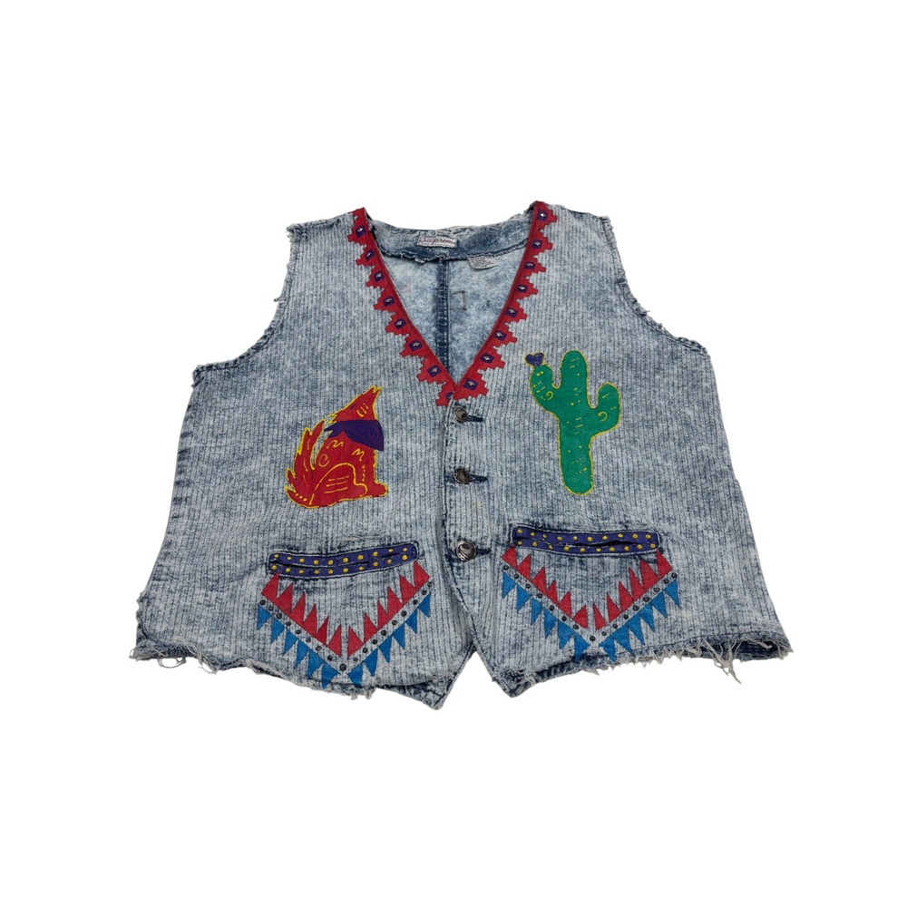 Vintage Acid Wash Denim Vest Womens Medium Southwestern Wolf Cactus Stud